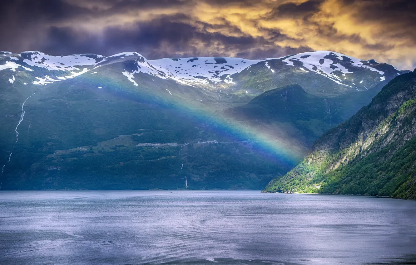 Photo wallpaper snow, mountains, clouds, shore, tops, rainbow, pond