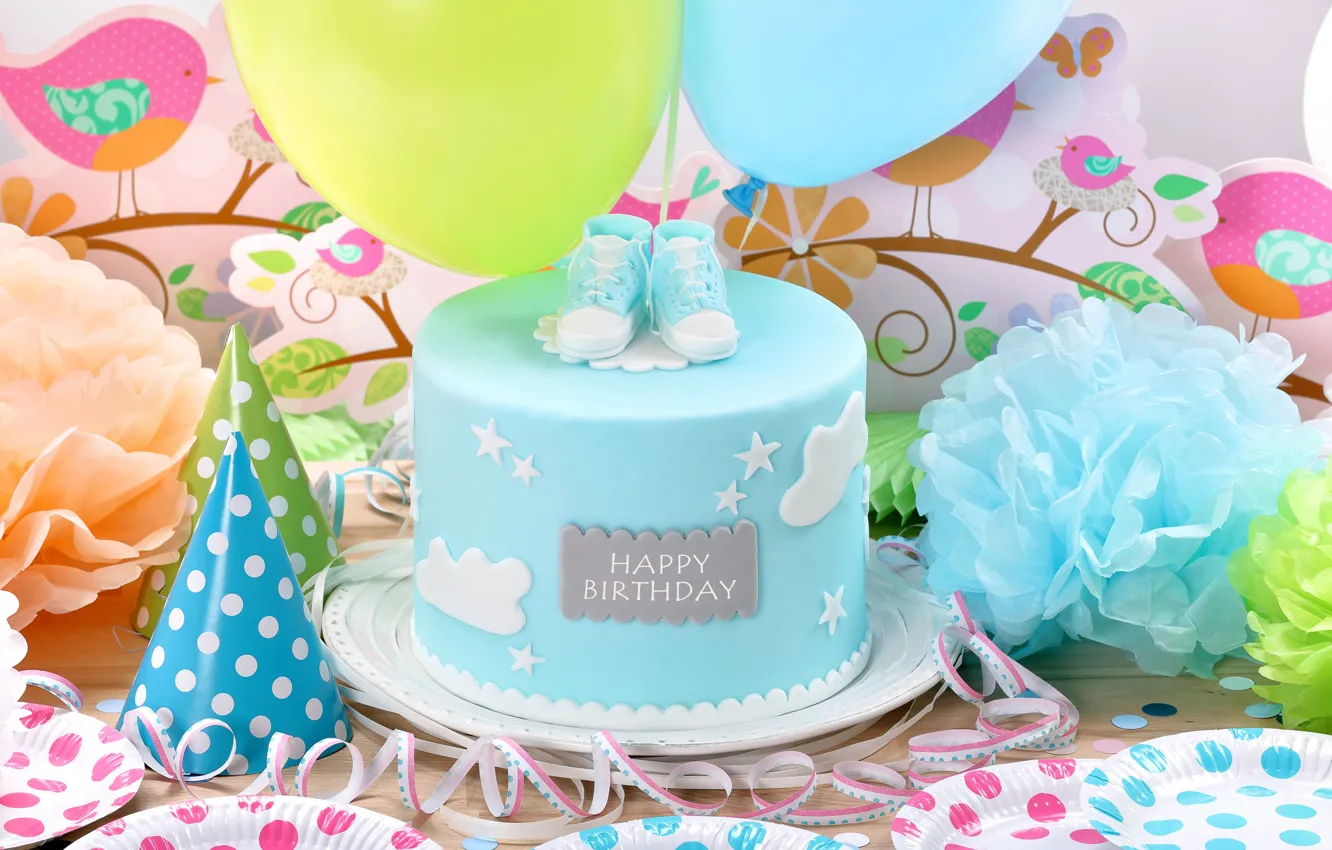 Photo wallpaper balloons, cake, cake, decoration, Happy, Birthday, Birthday
