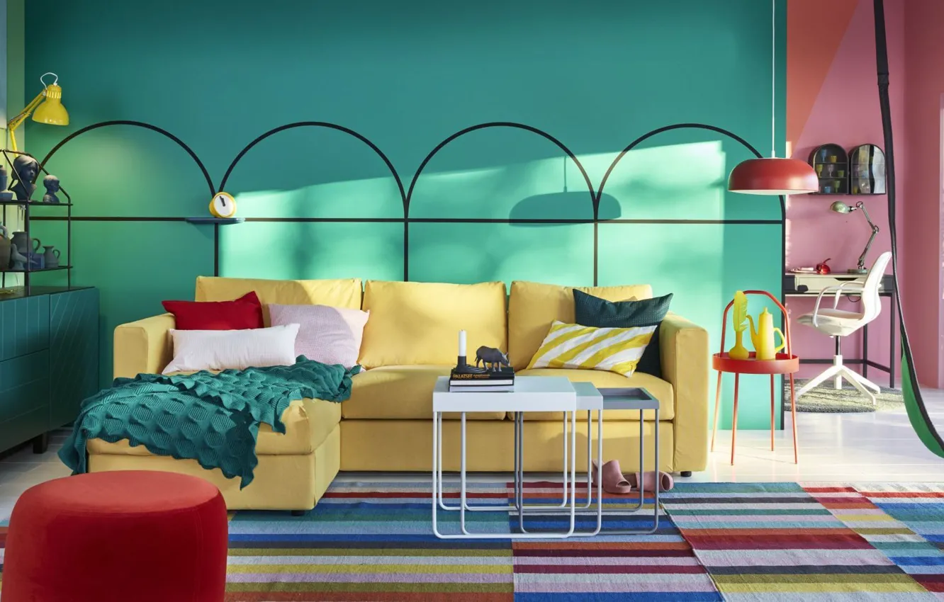 Photo wallpaper design, style, interior, the play of colors, living room, IKEA, IKEA idea decor, small liviing