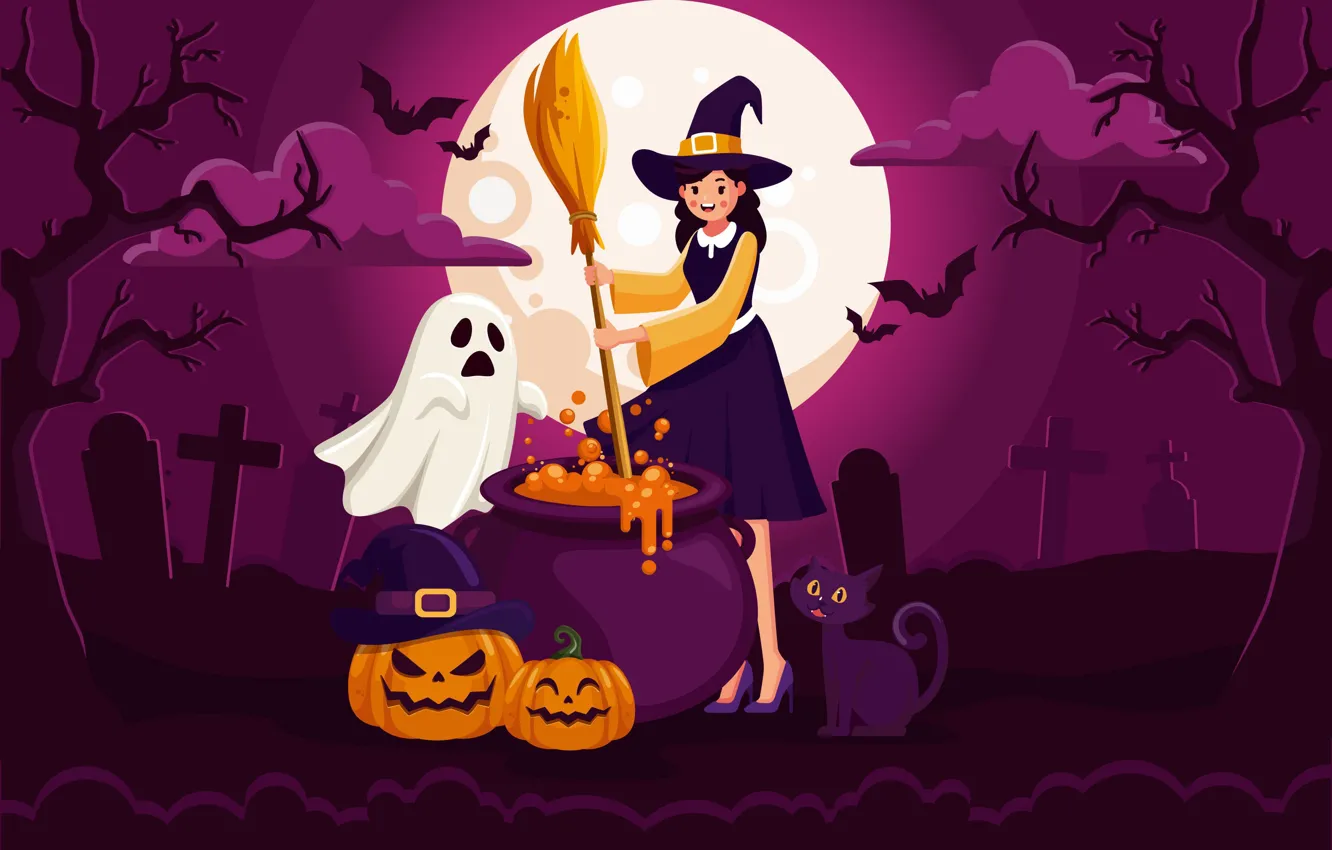 Photo wallpaper night, clouds, the moon, cemetery, Halloween, pumpkin, Halloween, pot