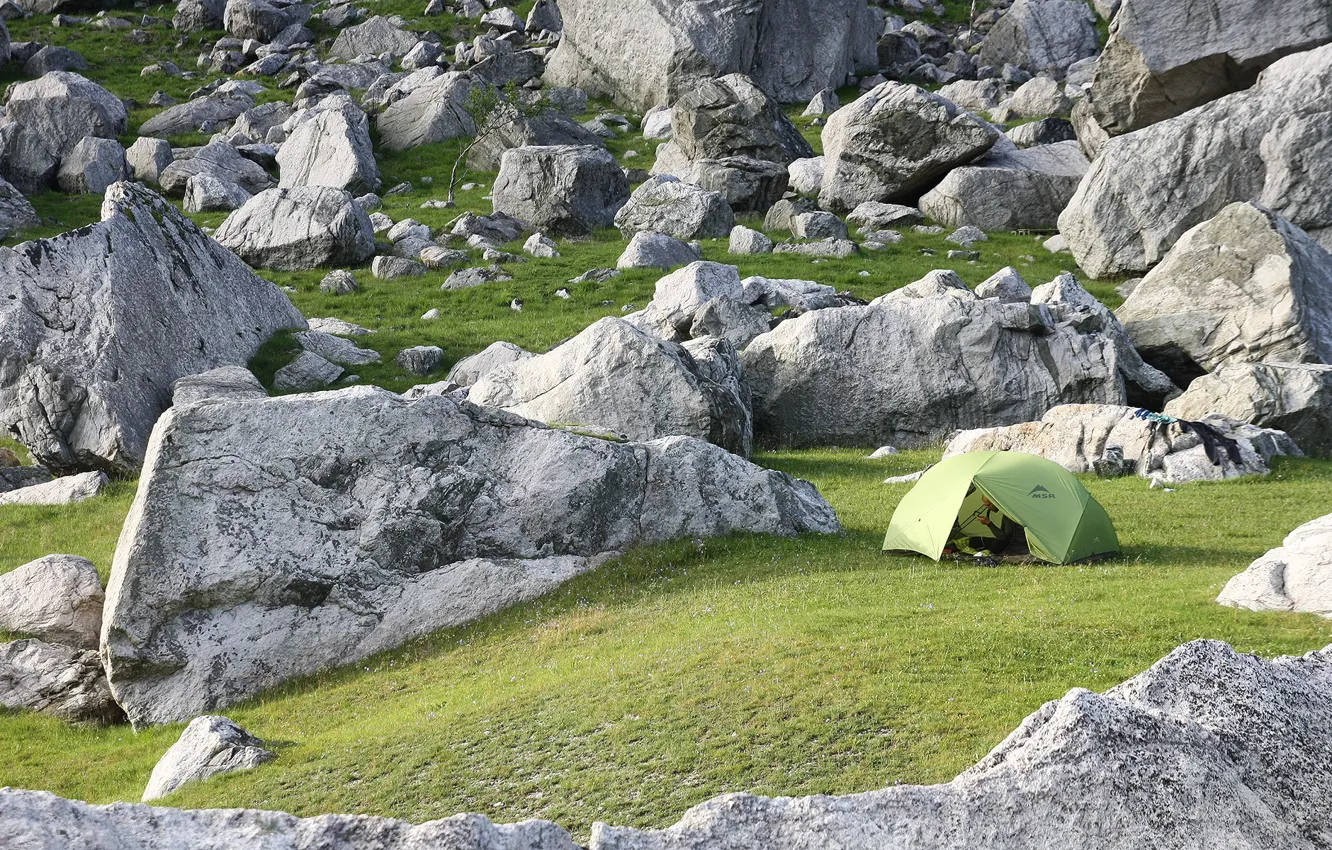 Photo wallpaper mountains, stones, stay, tent, Norway