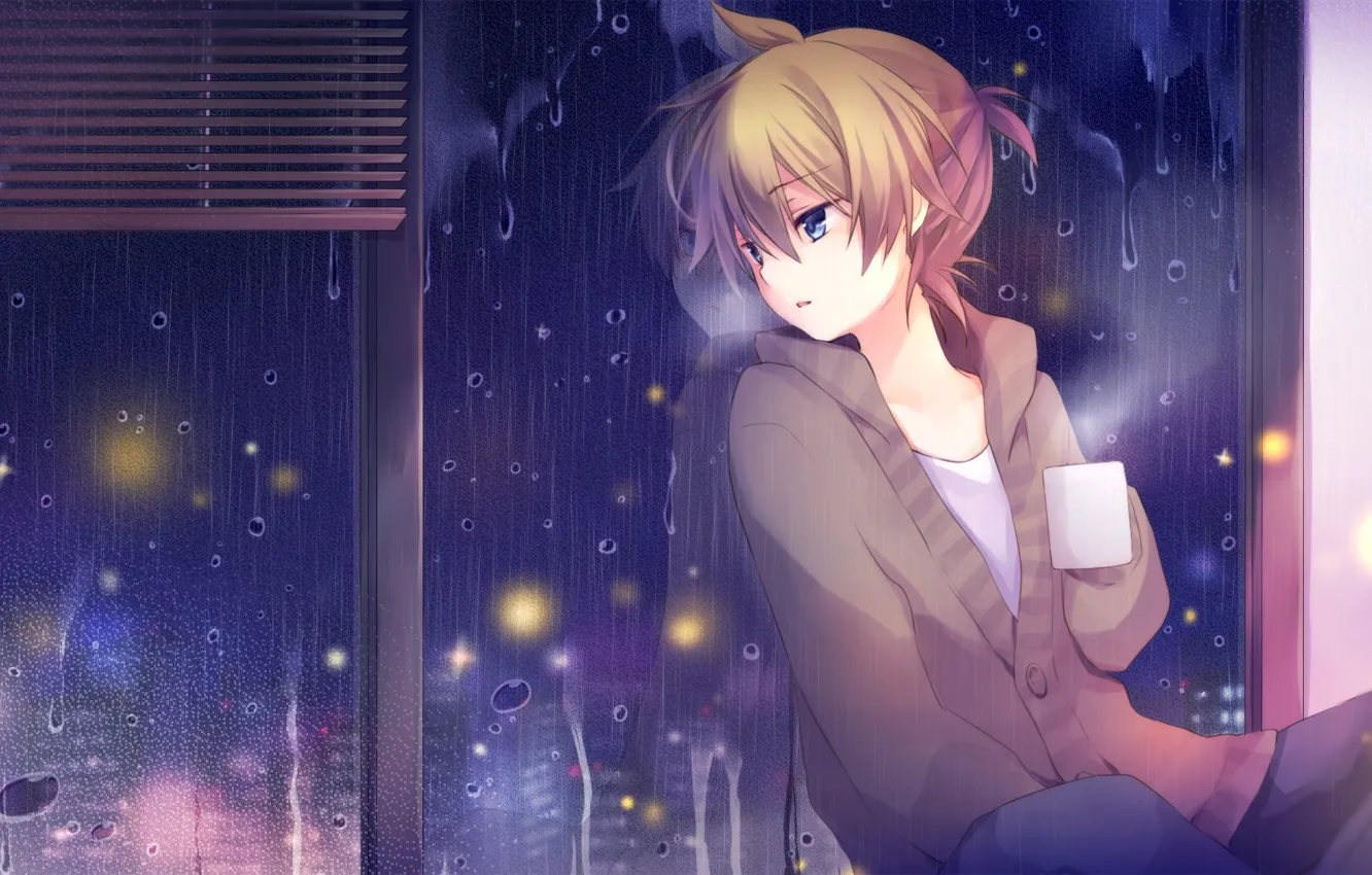 Photo wallpaper night, rain, coffee, window, art, guy, Vocaloid, Kaganime Len