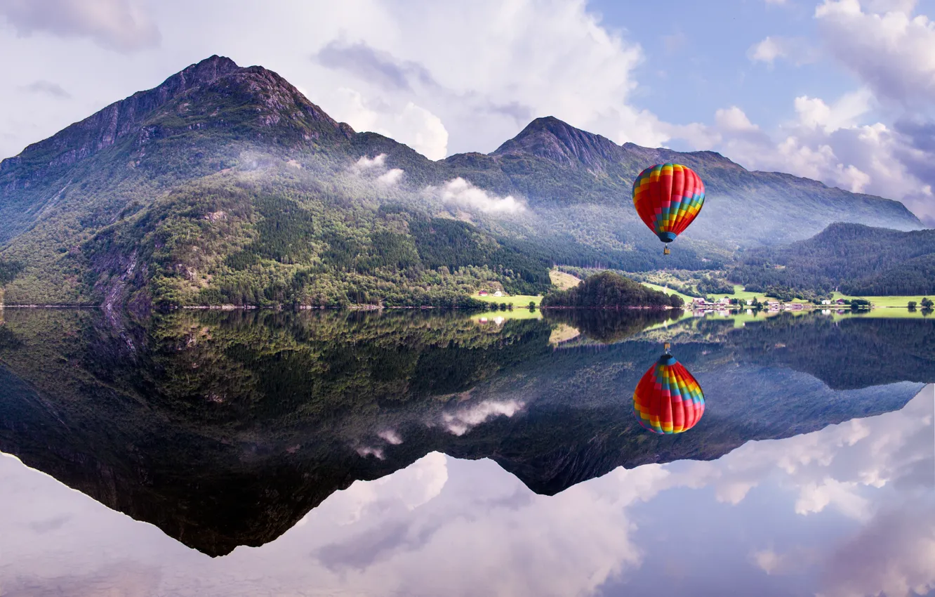 Photo wallpaper lake, reflection, ball, mountain, air, ballooning, photo, photographer