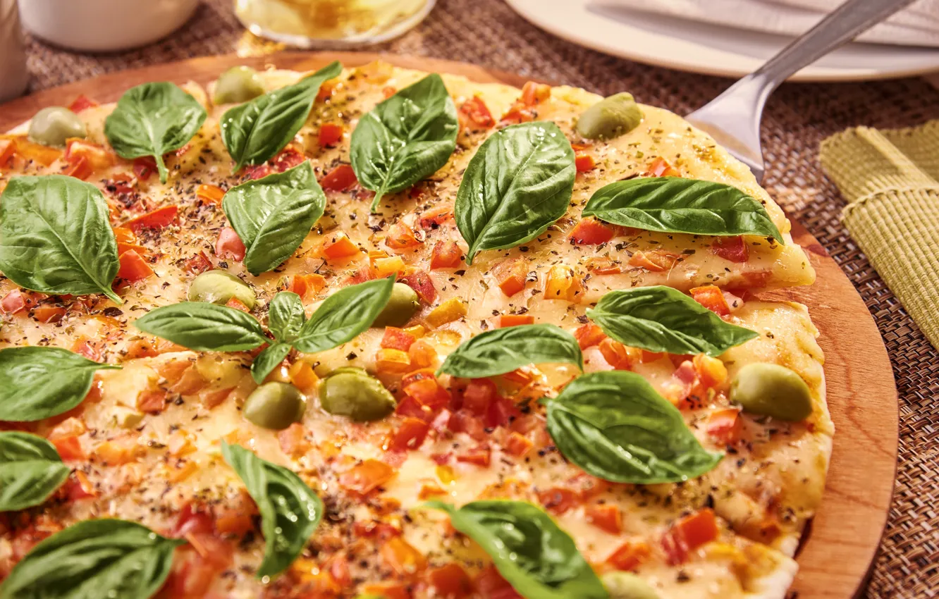 Photo wallpaper cheese, pizza, olives, Basil