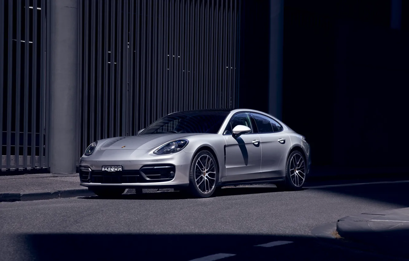 Photo wallpaper silver, metal, wheels, porsche, panamera, shadows, 2021