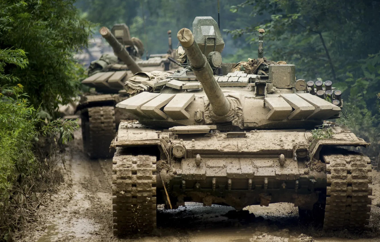 Photo wallpaper road, dirt, tank, Russia, front, T-90