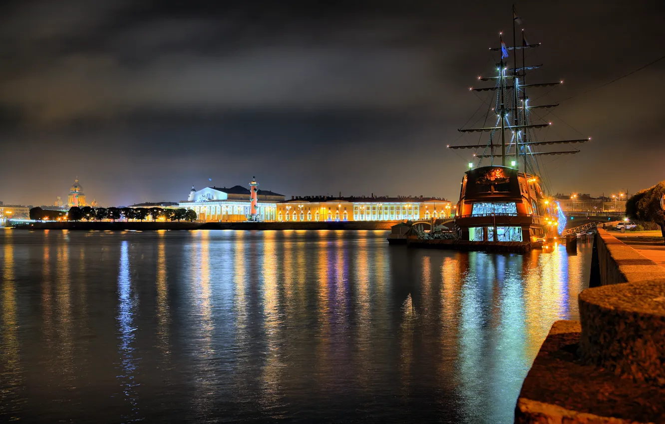 Photo wallpaper night, arrows, ship, HDR, Saint Petersburg, Neva