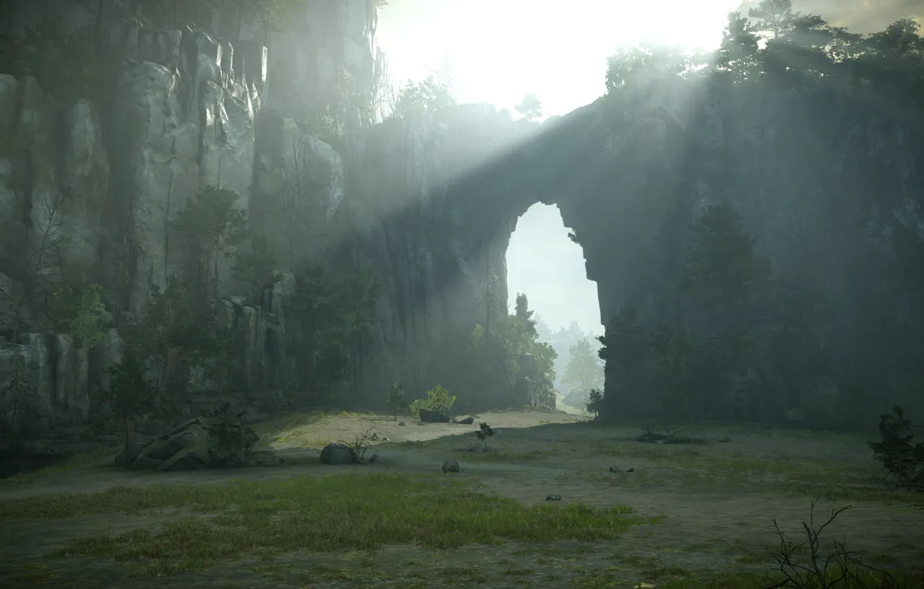 Photo wallpaper rocks, the sun's rays, Shadow of the Colossus, In the shadow of the colossus, god …