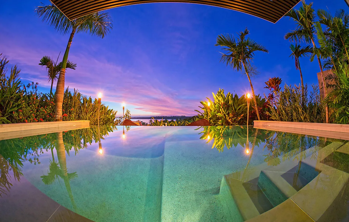Photo wallpaper sunset, palm trees, the ocean, Villa, the evening, pool, lighting, resort