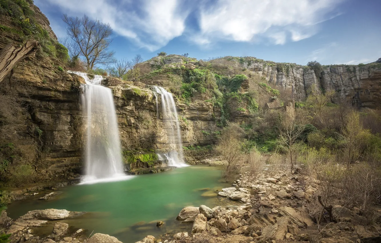 Photo wallpaper mountains, lake, rocks, waterfall