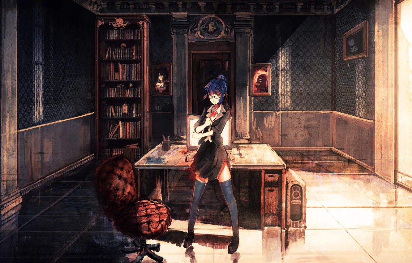 Photo wallpaper computer, girl, light, table, room, books, skull, anime