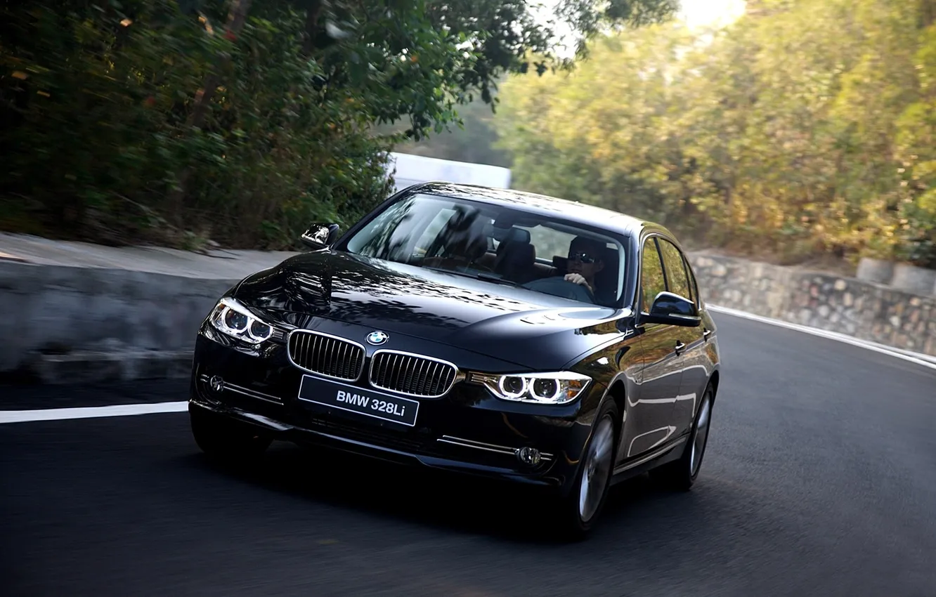 Photo wallpaper road, trees, BMW, BMW, sedan, the front, 3 Series, Long Wheelbase