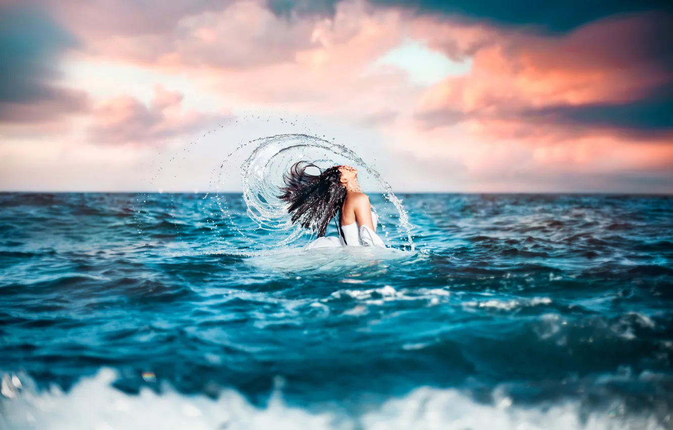 Photo wallpaper wave, girl, clouds, sunset, squirt, white, hair, Sea
