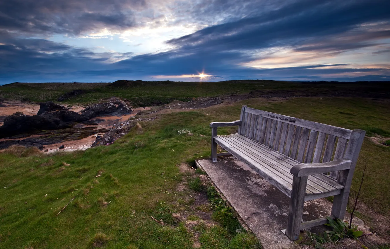 Photo wallpaper field, the sky, landscape, bench