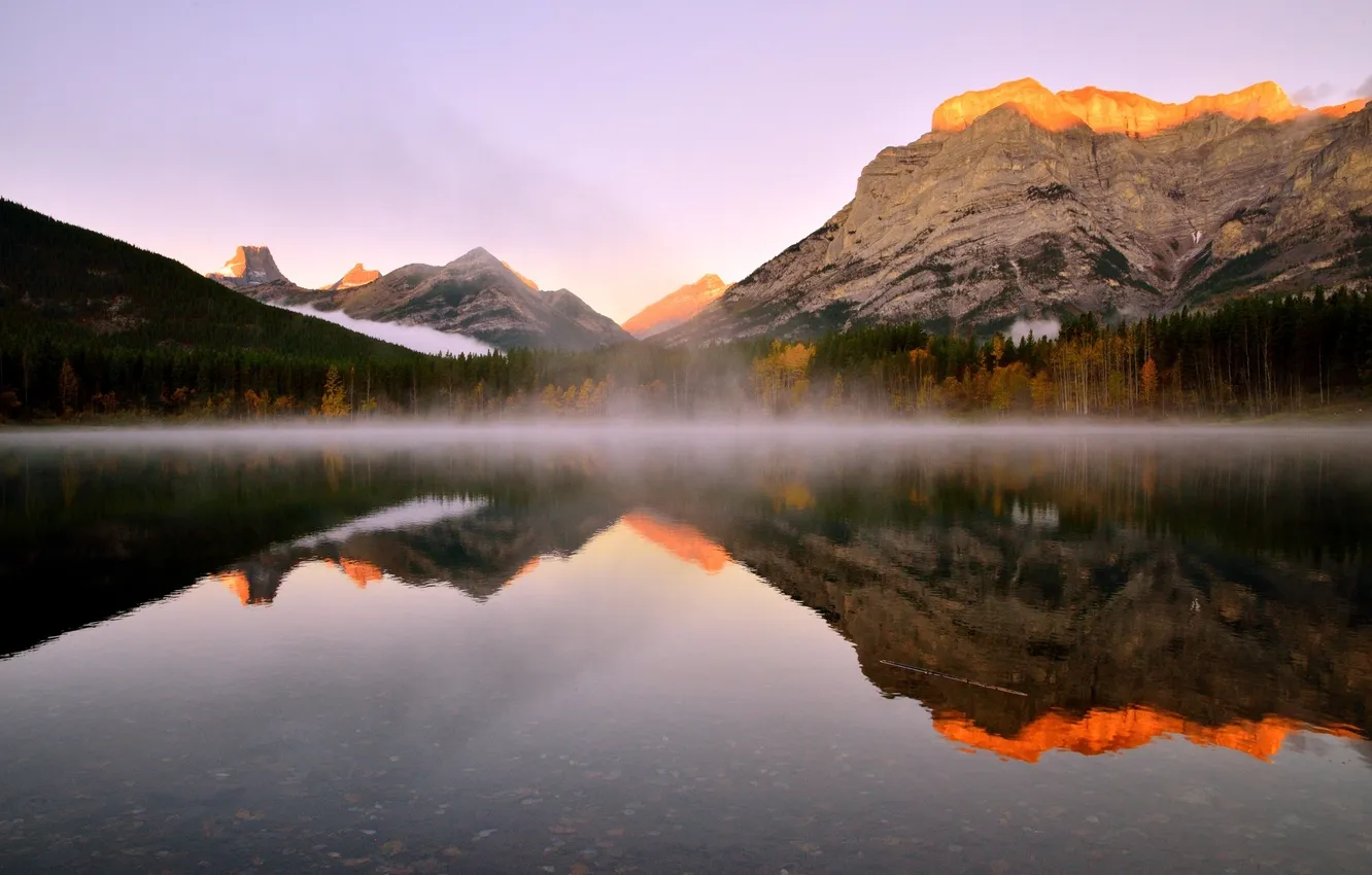 Photo wallpaper landscape, lake, morning, Canada, mountains. haze