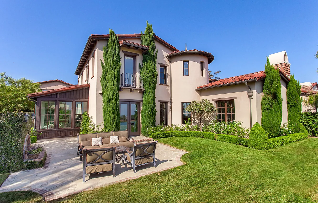 Photo wallpaper greens, trees, design, sofa, lawn, home, interior, chair