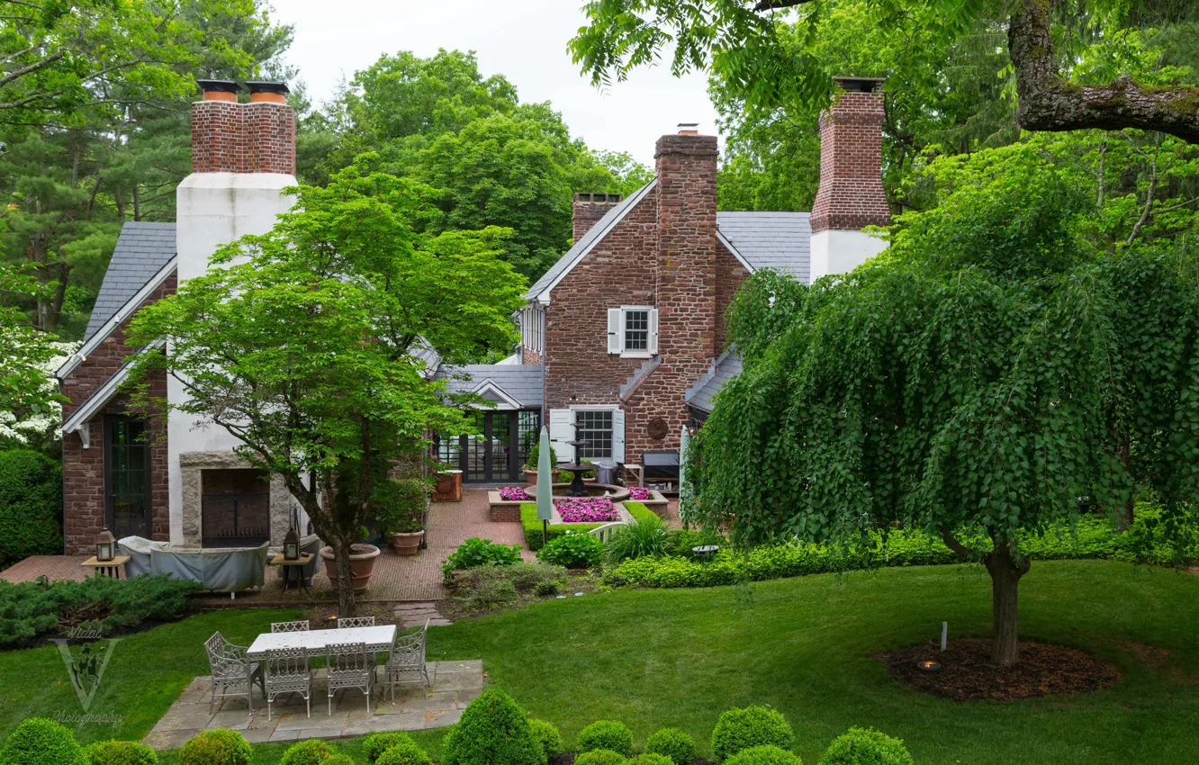 Photo wallpaper greens, grass, trees, flowers, design, lawn, home, garden