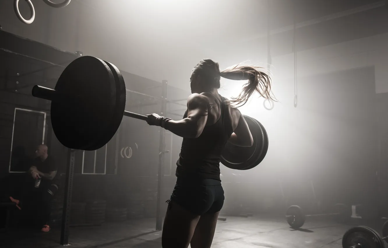 Photo wallpaper back, female, workout, gym, dumbbells