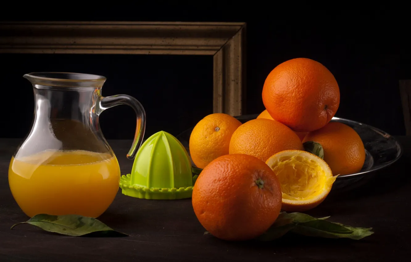 Photo wallpaper leaves, food, oranges, frame, juice, plate, pitcher, juicer