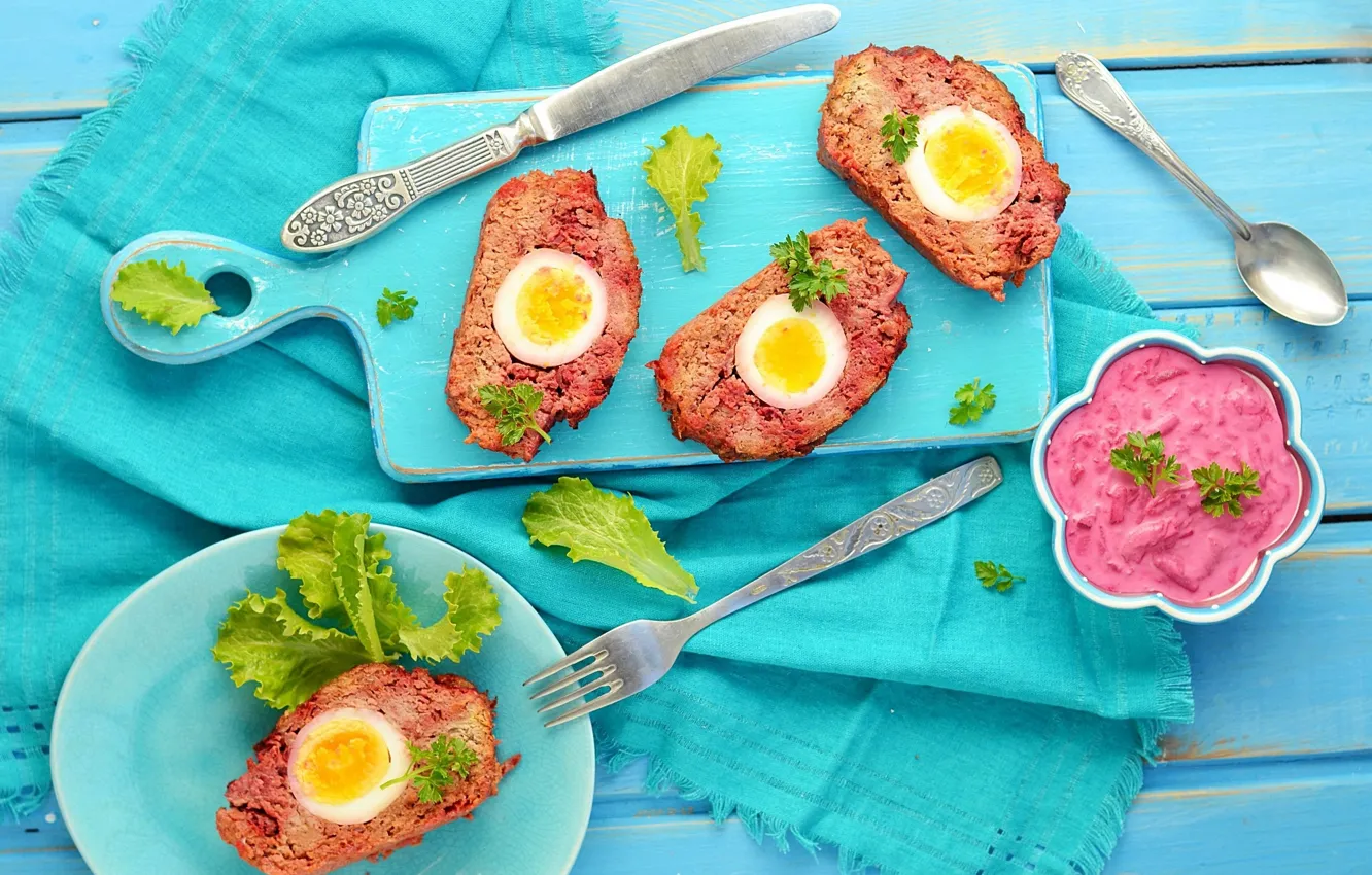 Photo wallpaper food, plate, sauce, wood, napkin, cutting Board, meatloaf