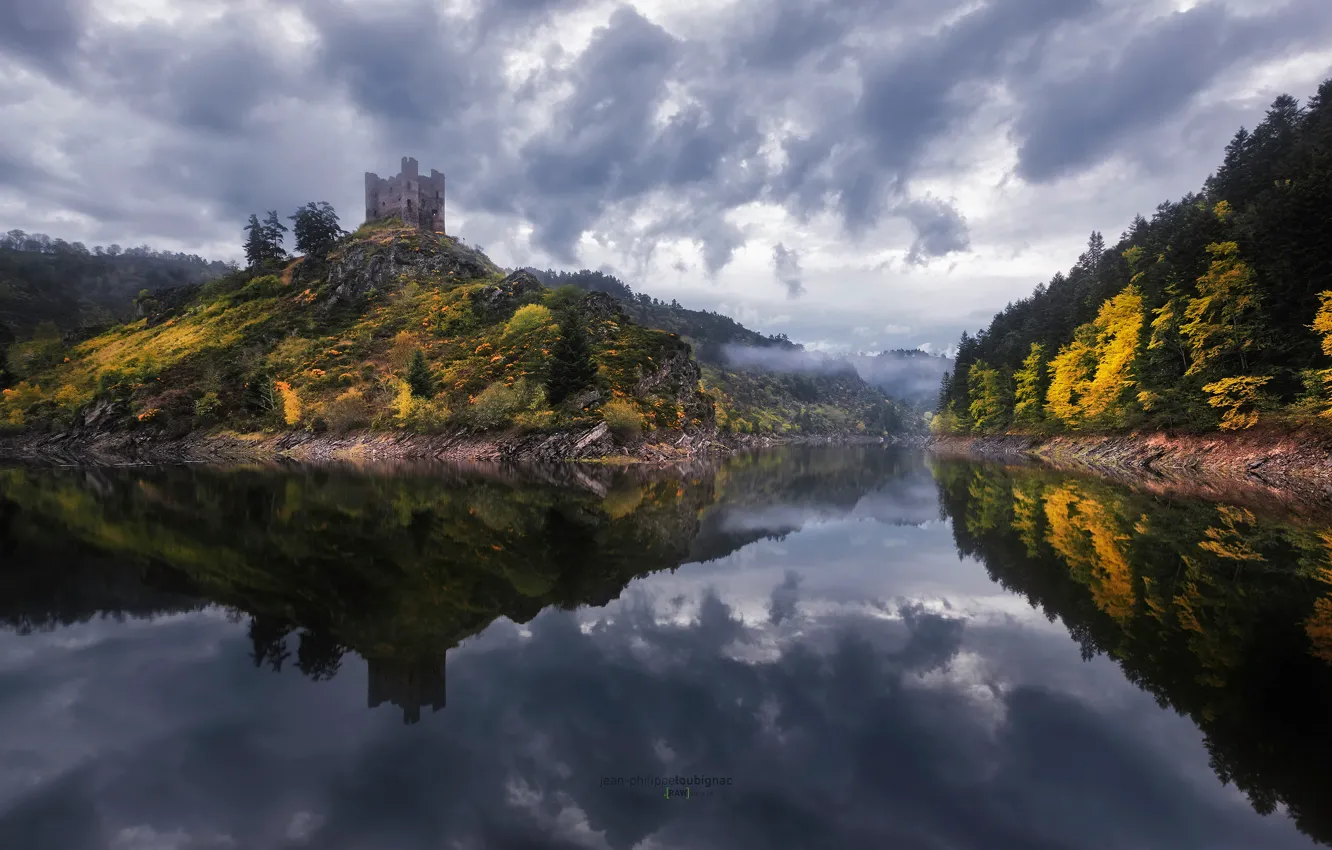 Photo wallpaper forest, reflection, river, castle, France, fortress