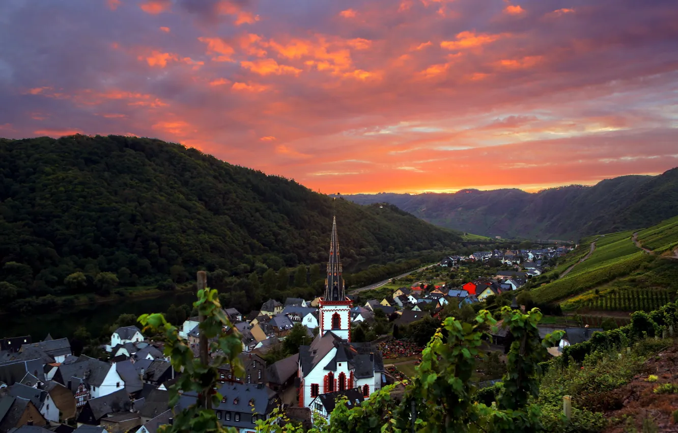 Photo wallpaper forest, the sky, clouds, mountains, nature, the city, river, home