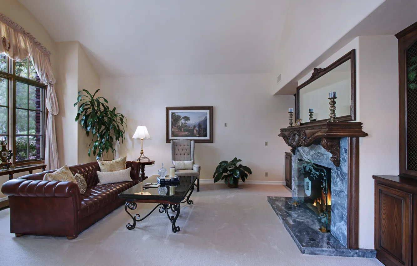 Photo wallpaper design, photo, table, sofa, lamp, interior, fireplace, living room