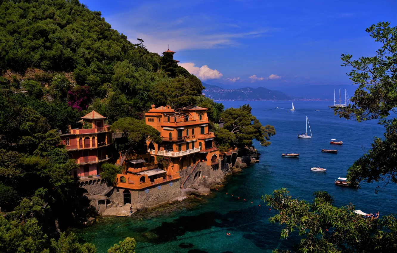 Photo wallpaper sea, landscape, mountains, the city, shore, home, boats, Italy