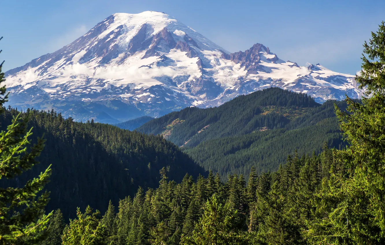 Photo wallpaper forest, the sky, clouds, snow, landscape, mountains, nature, blue