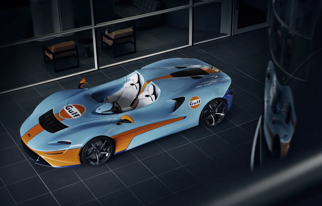 Photo wallpaper McLaren, sports car, MSO, Gulf, 2020, Elva, McLaren MSO Elva Gulf Theme, McLaren MSO