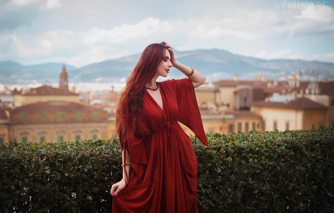 Photo wallpaper look, girl, nature, pose, makeup, dress, fantasy, outfit