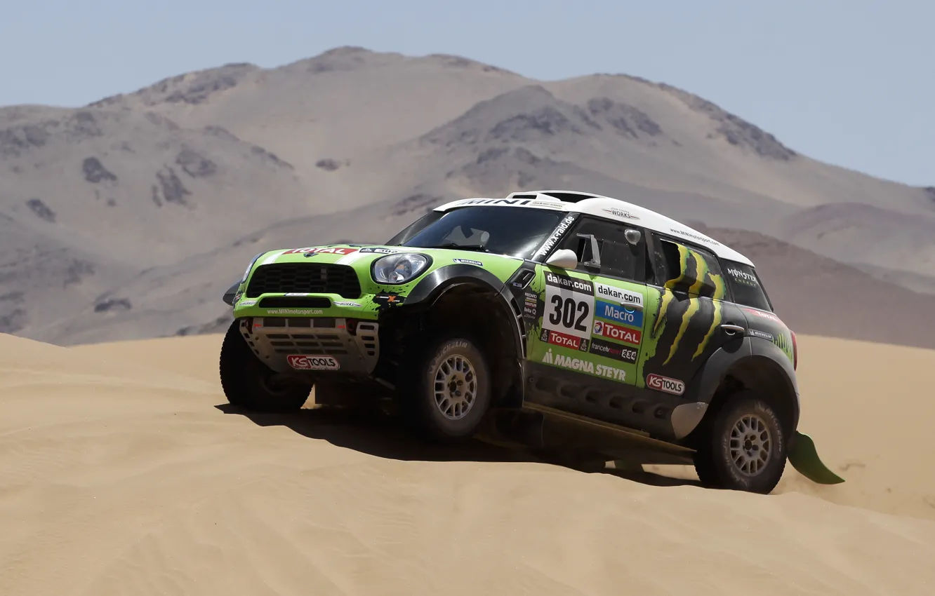 Photo wallpaper Sand, Green, Race, Hills, Mini Cooper, Rally, Dakar, MINI