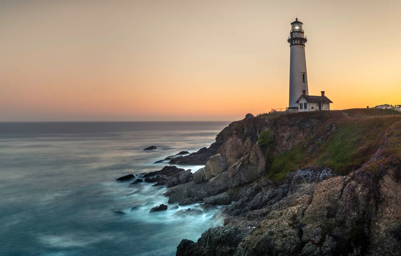 Photo wallpaper sea, the sky, stones, rocks, shore, lighthouse, CA, house