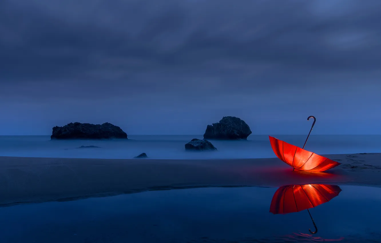 Photo wallpaper sea, night, red, reflection, rocks, shore, umbrella, twilight