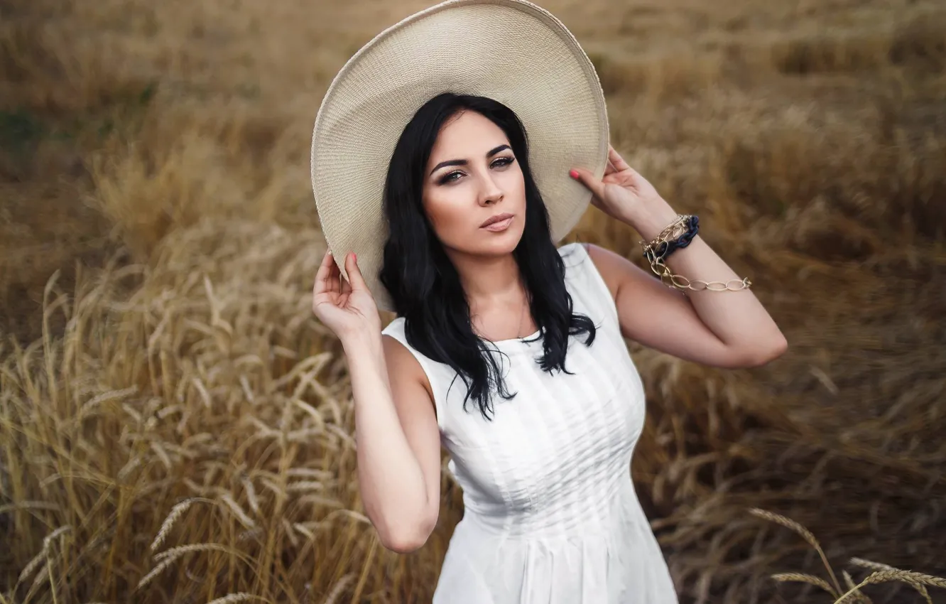 Photo wallpaper field, girl, pose, hat, hands, dress, brunette, Nikolay Novikov
