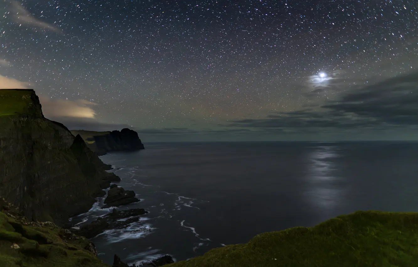 Photo wallpaper stars, night, darkness, rocks, the moon, shore, pond