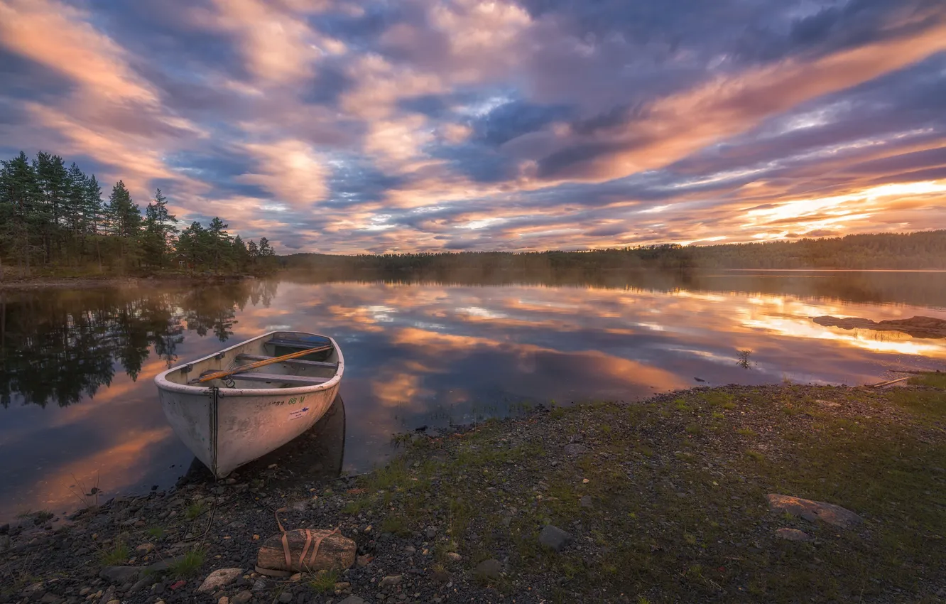 Photo wallpaper the sky, clouds, sunset, lake, boat, calm, Norway, Norway