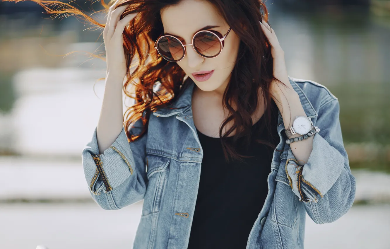 Photo wallpaper girl, hair, Mike, glasses, denim jacket