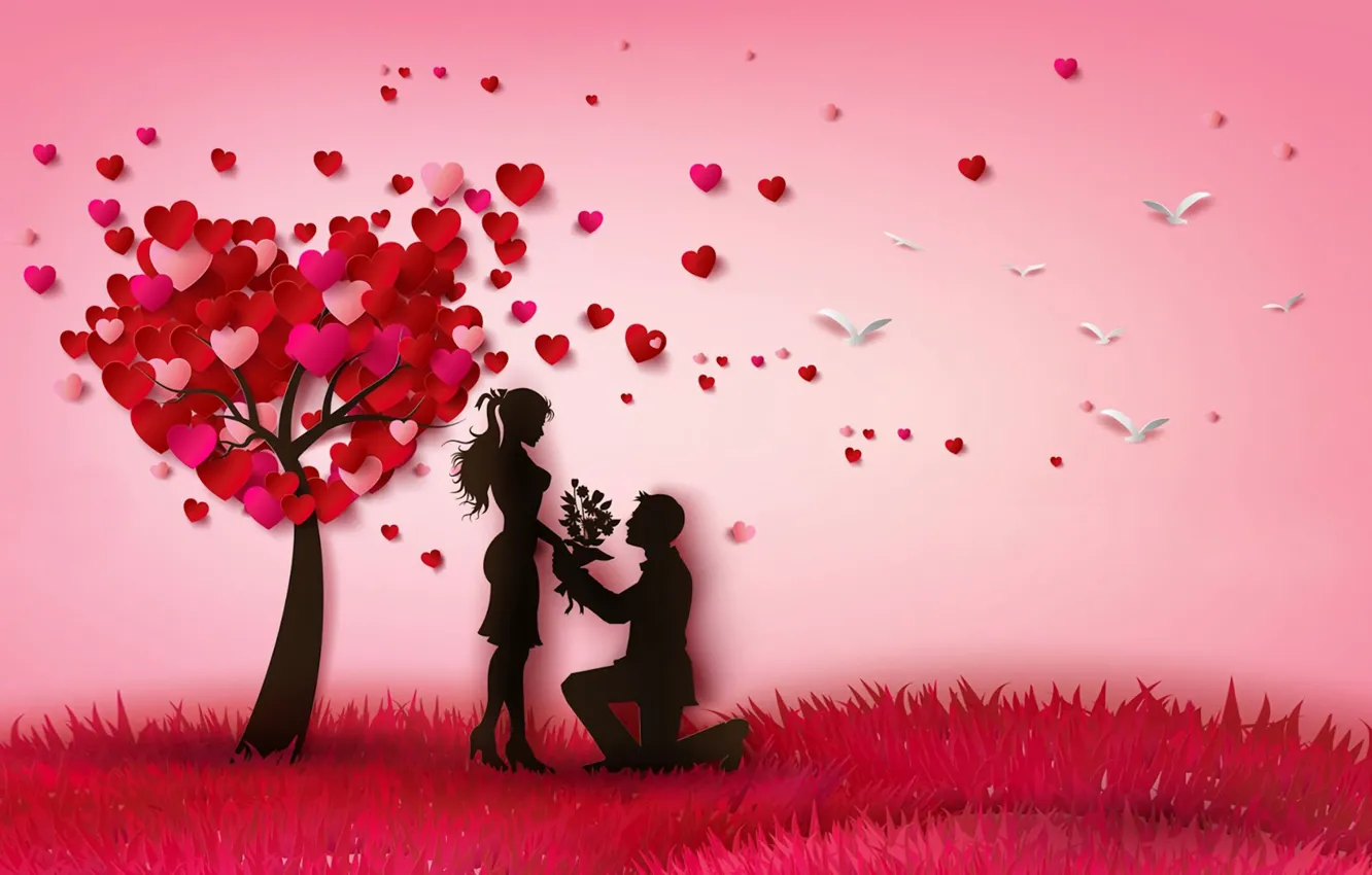 Photo wallpaper grass, girl, trees, flowers, red, mood, bird, hearts