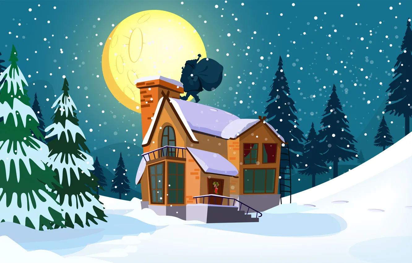 Photo wallpaper Night, Snow, Christmas, Pipe, New year, Roof, Holiday, Santa Claus