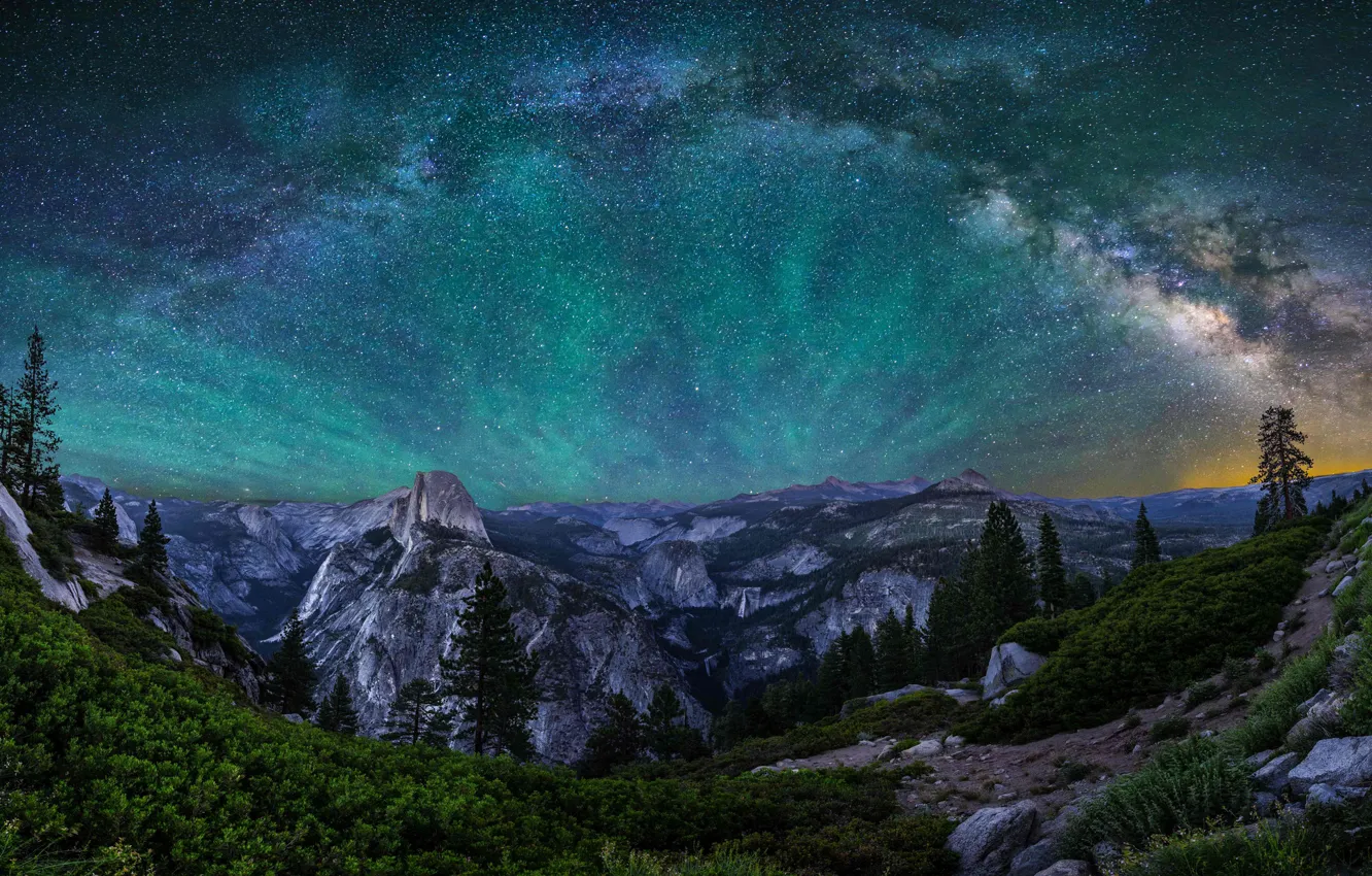 Photo wallpaper the sky, stars, mountains, night, glow, CA, USA, Yosemite