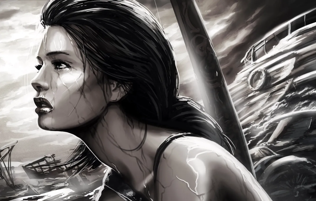 Photo wallpaper sea, girl, rain, the game, black and white, ships, Tomb Raider, Lara Croft