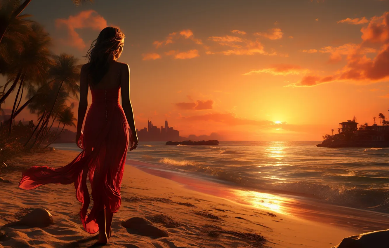 Photo wallpaper sea, girl, sunset