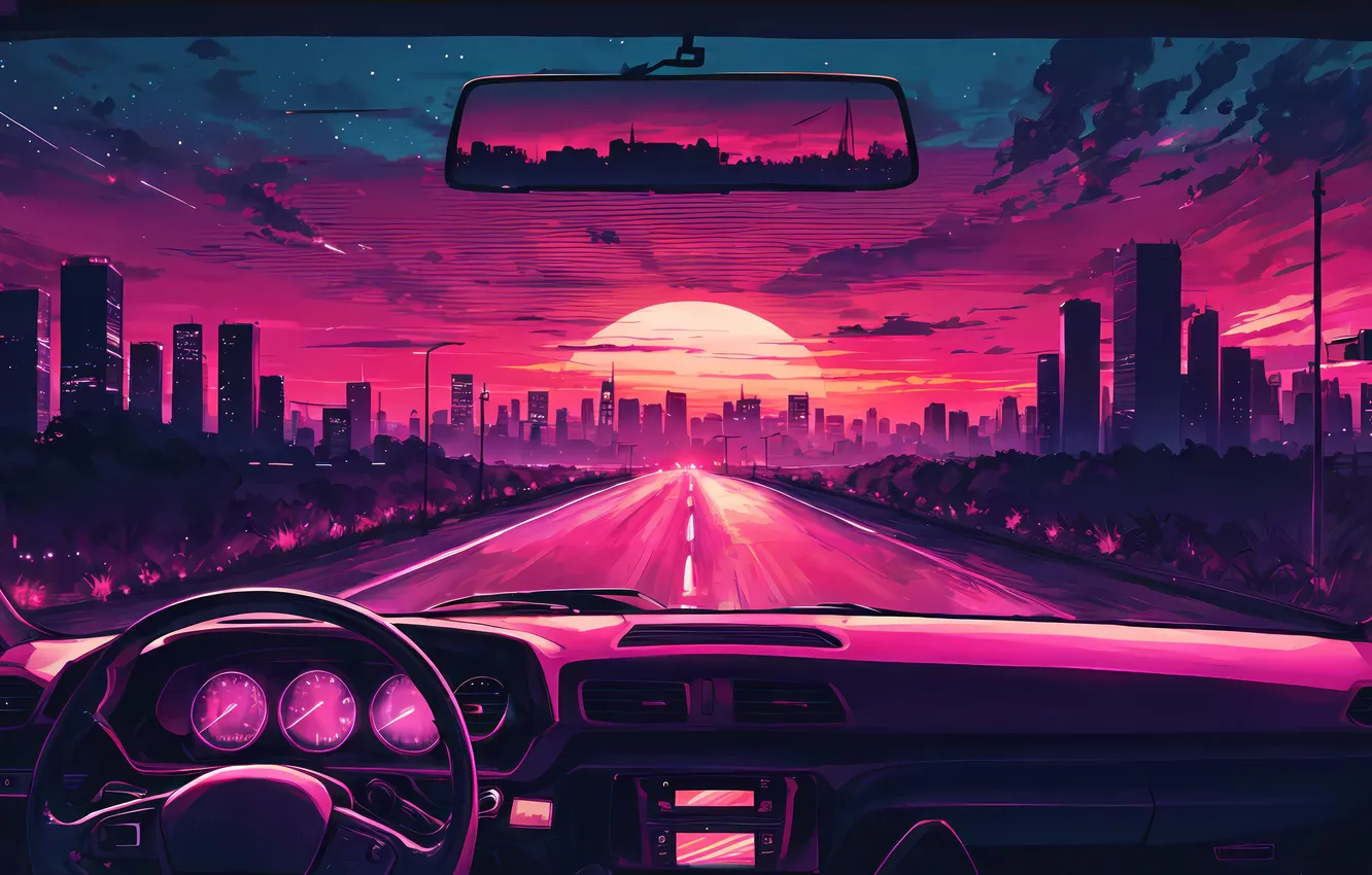 Photo wallpaper road, the sky, clouds, sunset, the city, mirror, the wheel, car