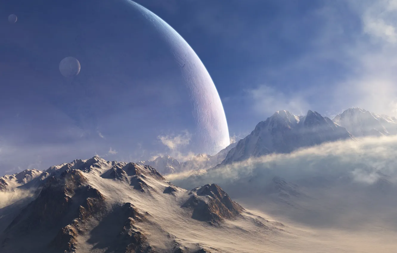 Photo wallpaper cold, snow, mountains, the wind, planet, satellite, art