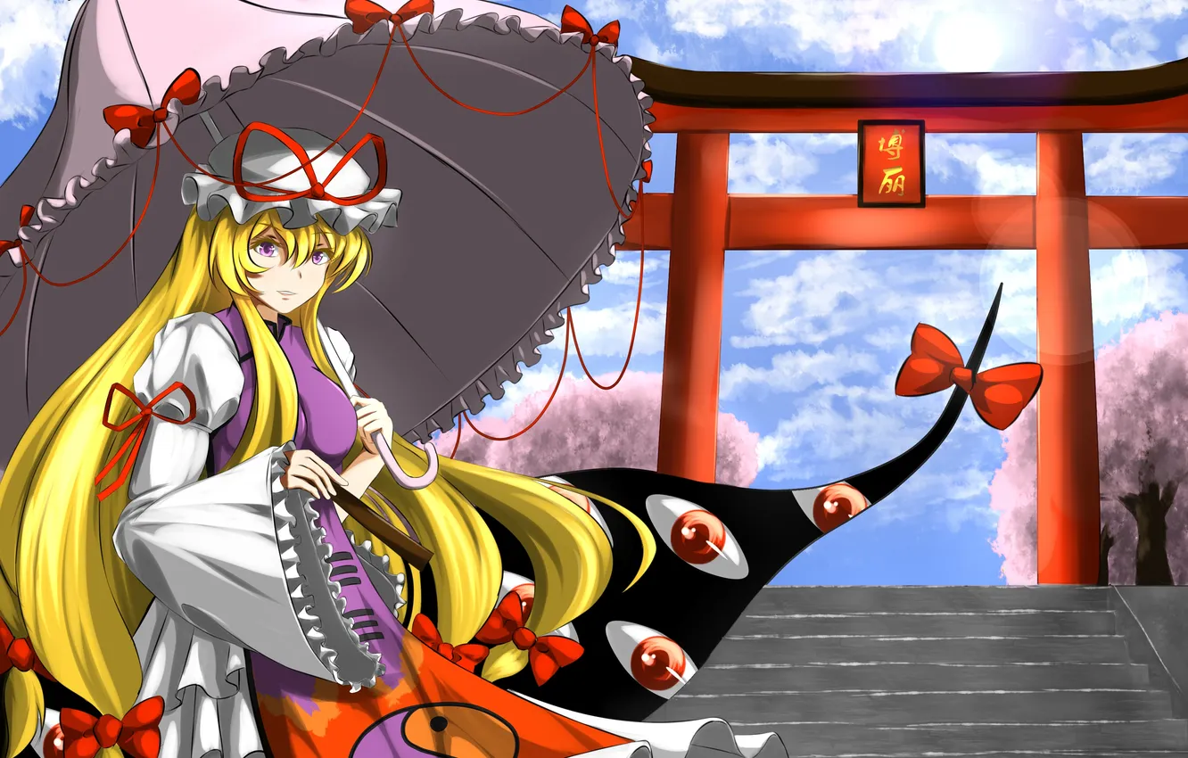Photo wallpaper eyes, girl, umbrella, dress, art, steps, the gates, touhou