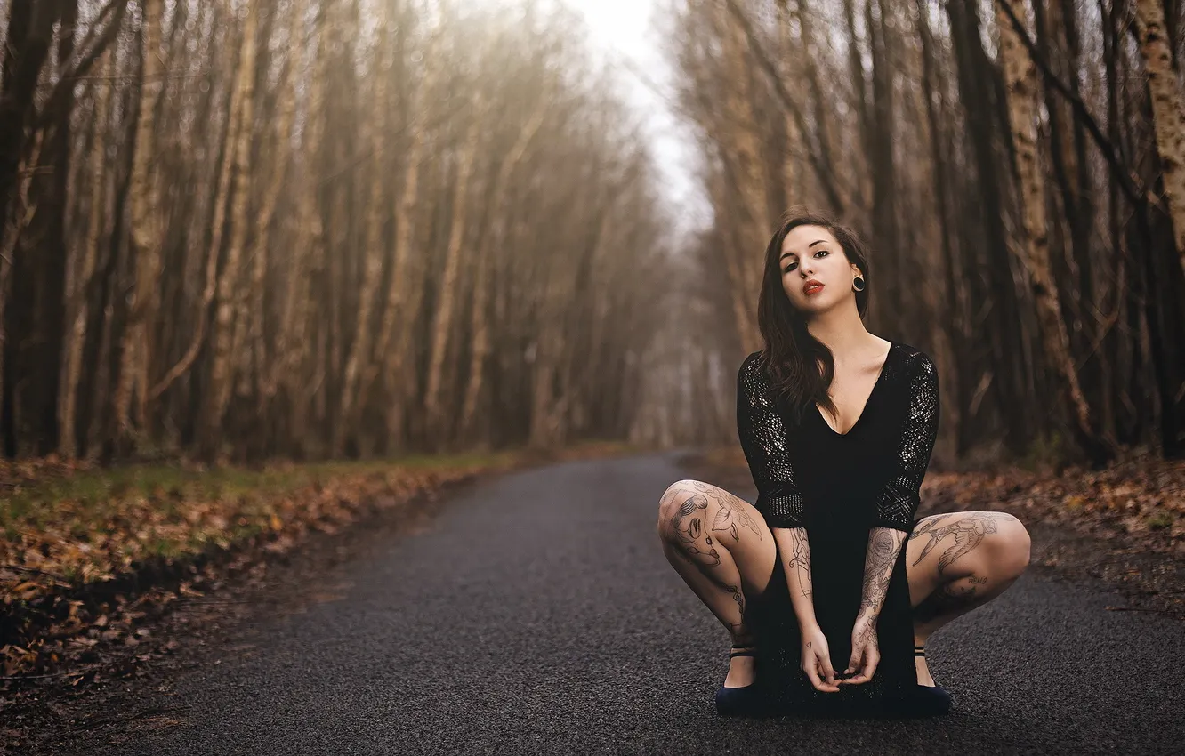 Photo wallpaper road, girl, tattoo