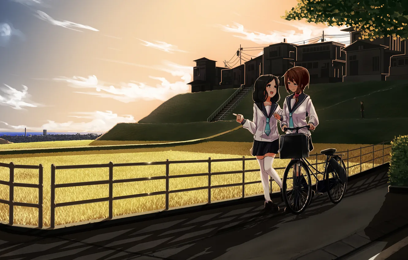 Photo wallpaper road, the sky, clouds, bike, two girls, the conversation