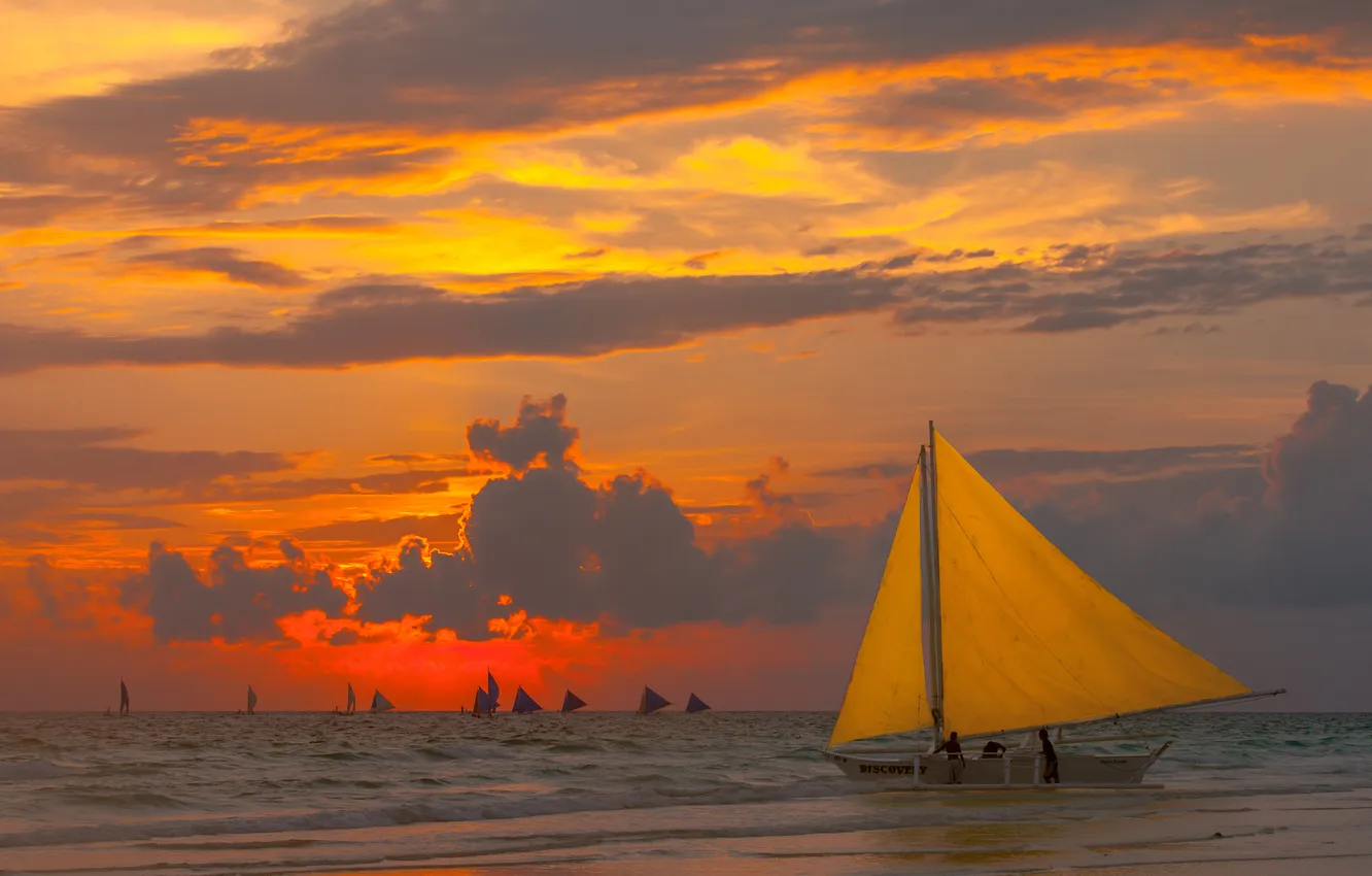 Photo wallpaper sea, the sky, clouds, sunset, shore, boat, people, sail
