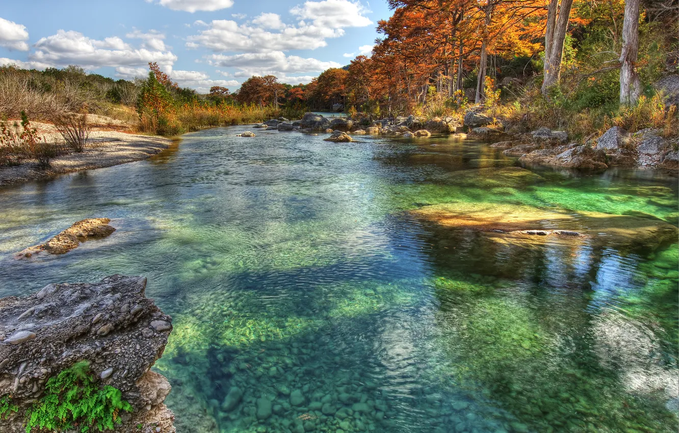 Photo wallpaper autumn, the sky, grass, clouds, trees, river, stones, HDR